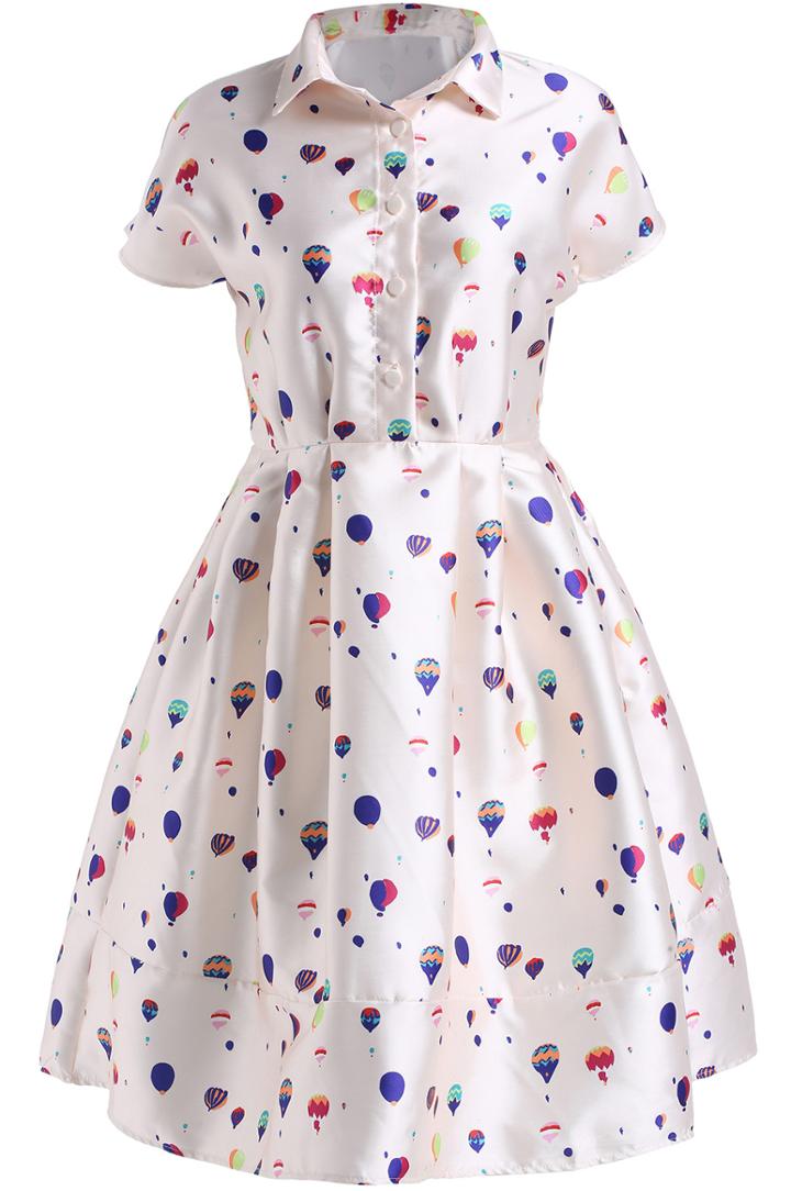 Romwe Lapel Balloon Print Flare Dress
