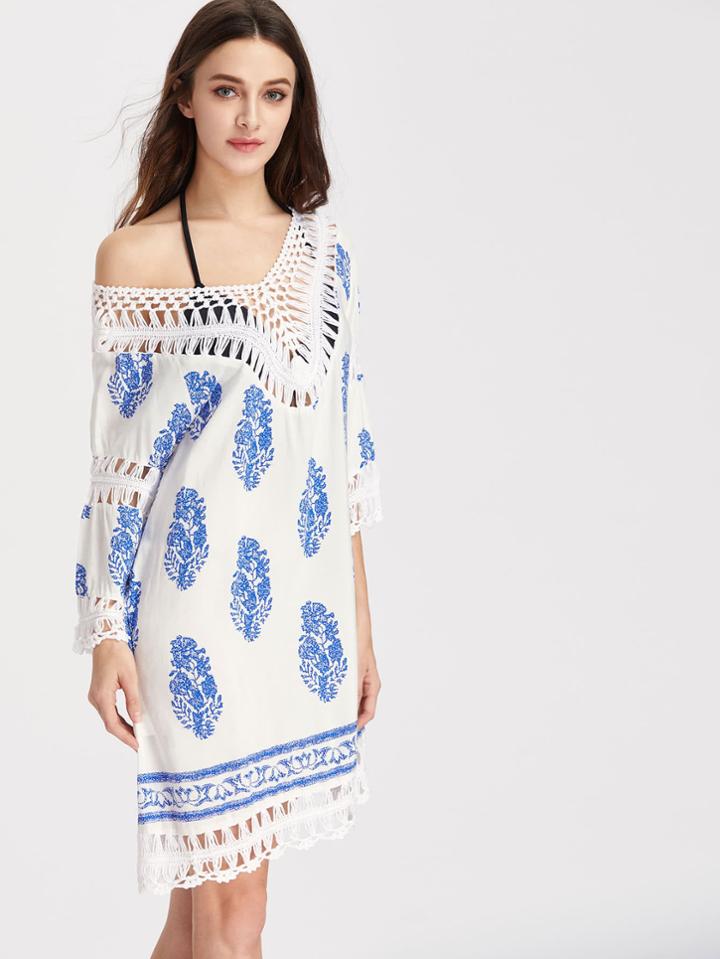 Romwe Hollow Out Crochet Trim Fern Pattern Dress