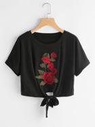 Romwe Rose Applique Knot Front Tee