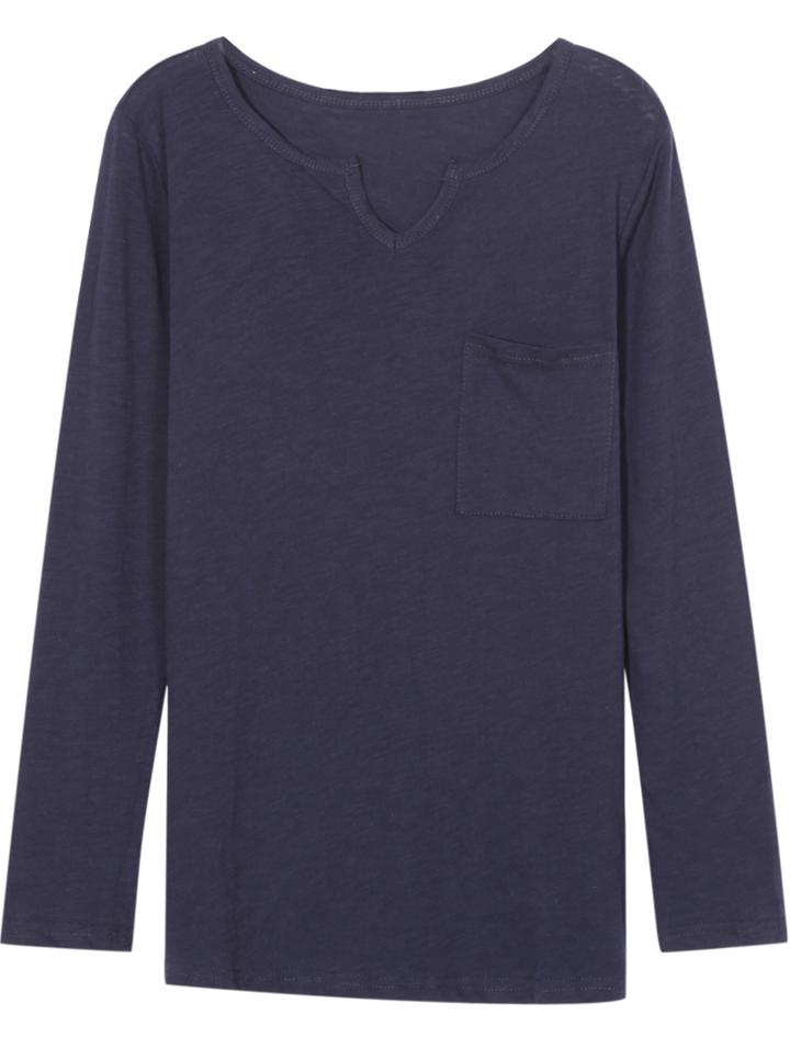 Romwe V Neck With Pocket Navy T-shirt