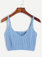 Romwe Blue Ribbed Knit Crop Cami Top