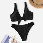 Romwe Knot Front Top With Criss Cross Bikini Set