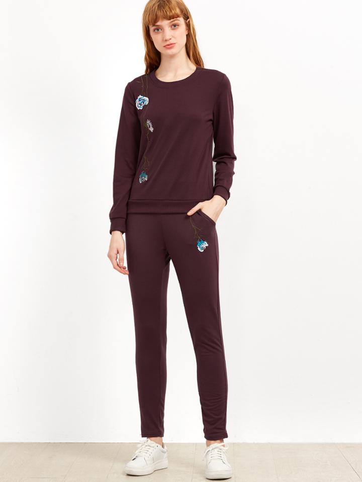 Romwe Burgundy Flower Embroidery Sweatshirt With Pocket Pants