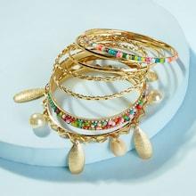 Romwe Faux Pearl & Metal Charm Bangle 7pcs