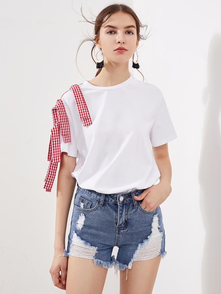 Romwe Gingham Sash Shoulder T-shirt