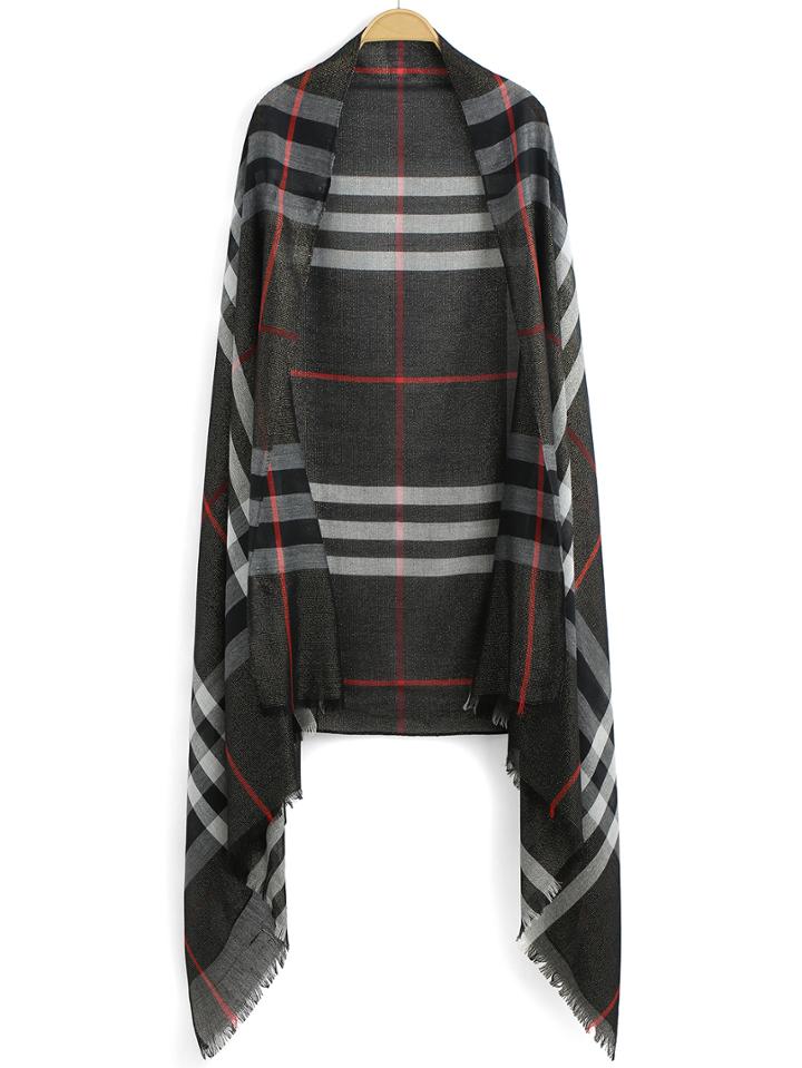 Romwe Checkered Fringe Black Scarf
