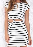 Romwe White Round Neck Striped Knotted Bodycon Dress