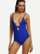 Romwe Blue Plunge Neck Strappy Backless One-piece Swimwear