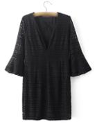 Romwe Black Deep V Neck Bell Sleeve Lace Dress