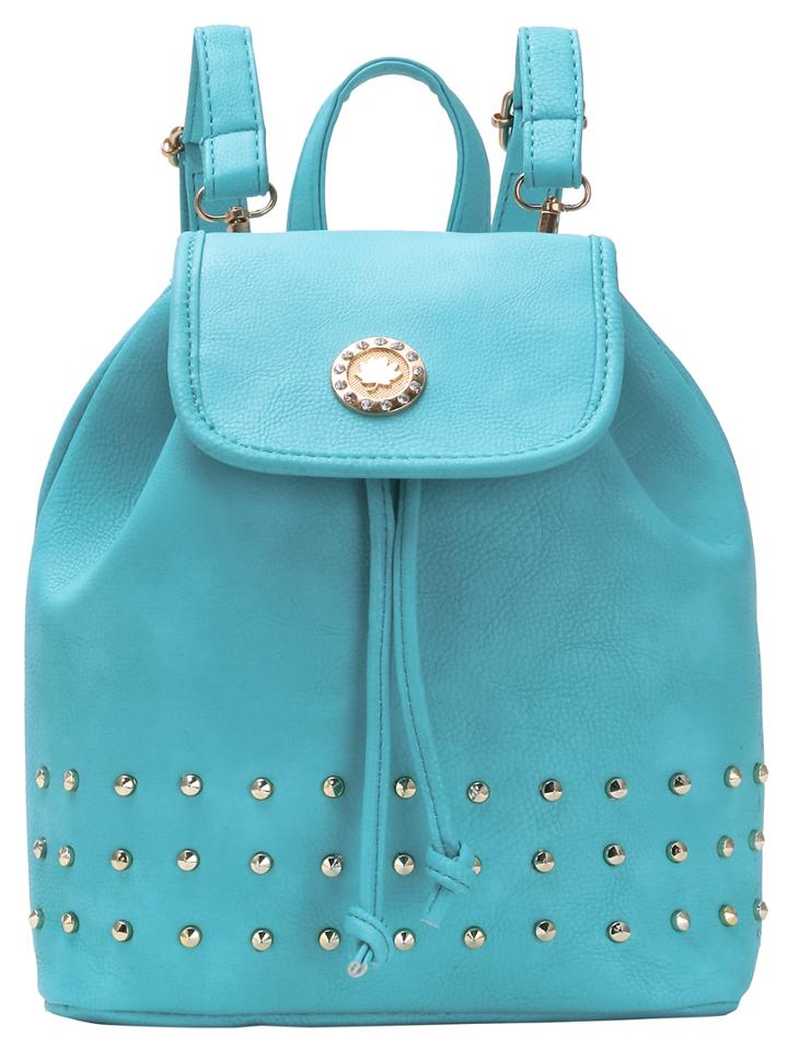 Romwe Metal Plate Embellished Flap Studded Backpack - Blue