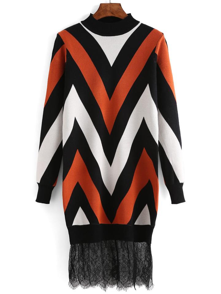 Romwe Mock Neck Chevron Print Contrast Lace Sweater Dress