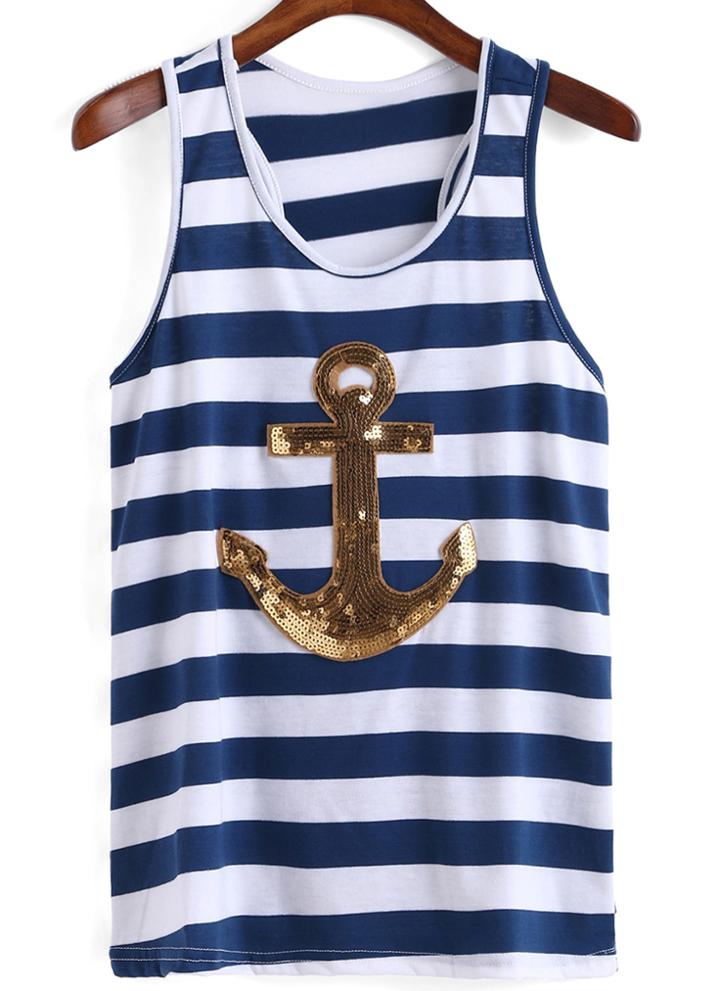 Romwe With Sequined Anchors Striped Tank Top