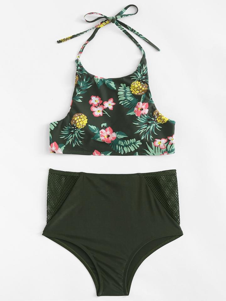 Romwe Tropical Print Cut Out Back Mesh Insert Bikini Set