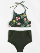 Romwe Tropical Print Cut Out Back Mesh Insert Bikini Set