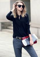 Romwe Stand Collar With Buttons Navy Blouse