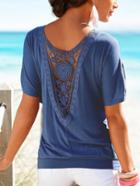 Romwe Blue Crochet Hollow Out Cuffed Sleeve T-shirt