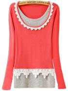 Romwe Contrast Lace Long Sleeve Melon T-shirt