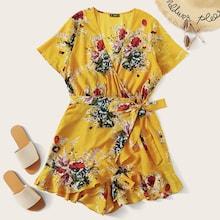Romwe Surplice Neck Tie Side Ruffle Hem Romper