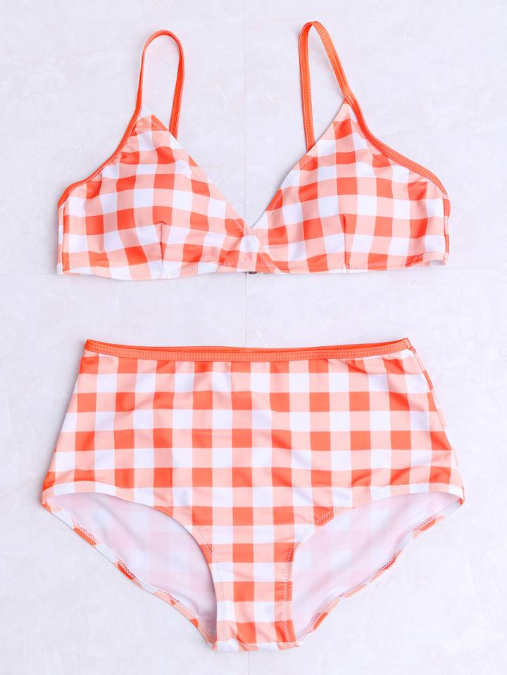 Romwe Orange Checkered High Waist Bikini Set