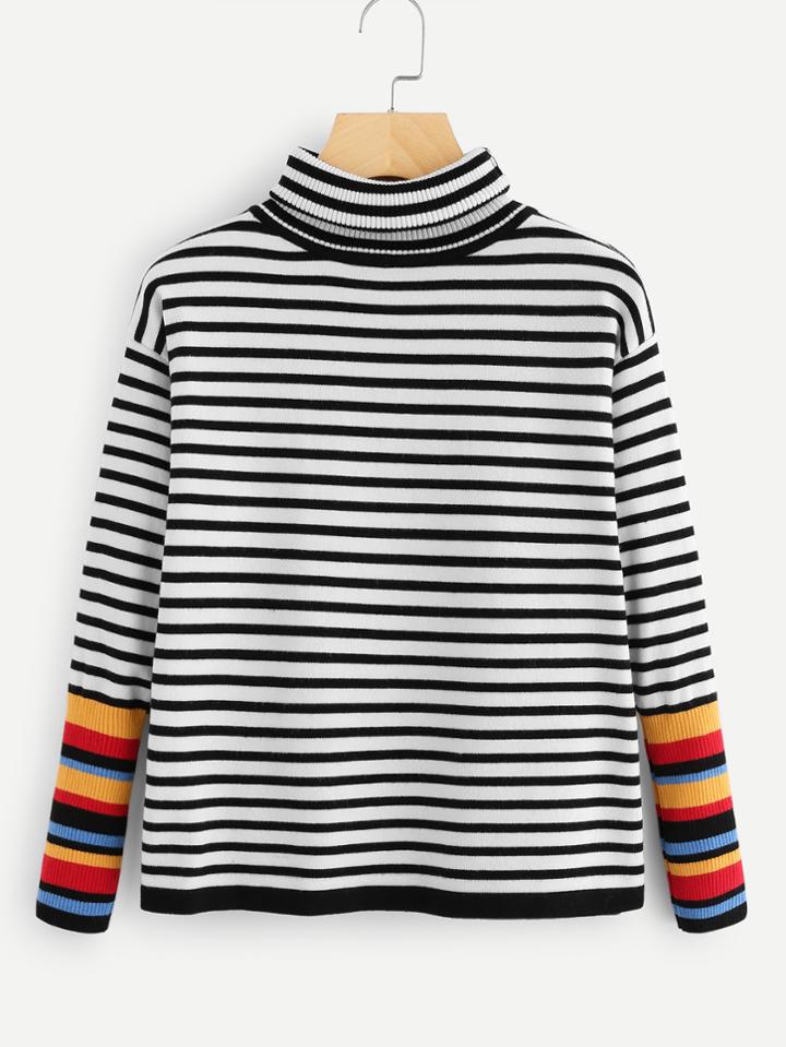 Romwe High Neck Contrast Sweater Knit Sweater