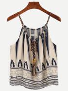 Romwe Apricot Geometric Print Tie Neck Cami Top