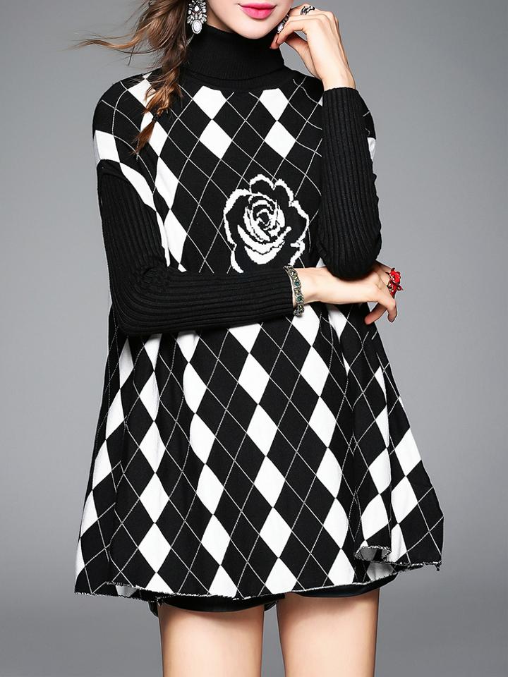 Romwe Black Stand Collar Sleeveless Argyle Print Knit Dress