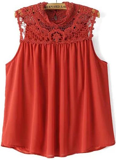 Romwe Red Sleeveless Hollow Chiffon Blouse