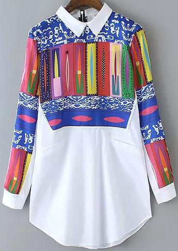 Romwe Multicolor Lapel Geometric Print Pockets Blouse