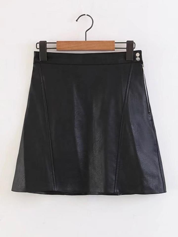Romwe Zipper Side Pu A Line Skirt