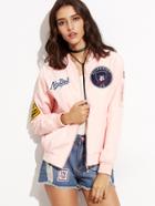Romwe Pink Embroidered Patch Zipper Bomber Jacket