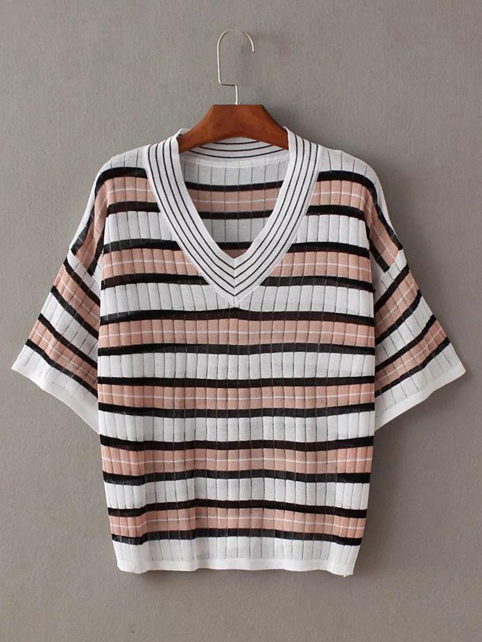 Romwe Pink And White V Neck Stripe T-shirt