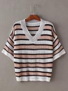 Romwe Pink And White V Neck Stripe T-shirt