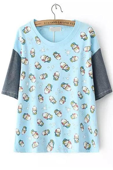Romwe Contrast Sleeve Owl Print Blue T-shirt