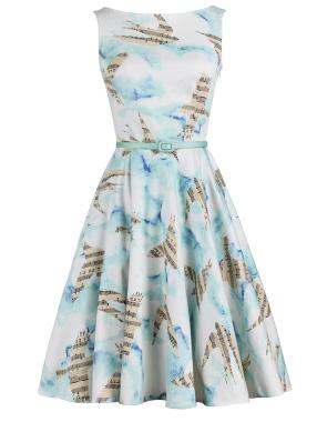 Romwe Swallow And Music Note Print Sleeveless Dress With Belt