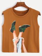 Romwe Camel Graphic Print Crop Top