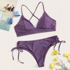 Romwe Seam Trim Criss Cross Top With Lace-up Bikini Set