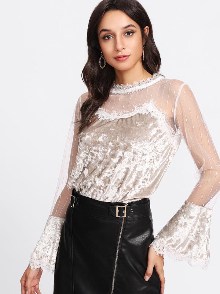 Romwe Velvet Contrast Lace Keyhole Back Top