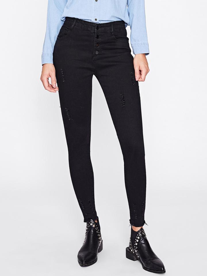 Romwe Frayed Hem Denim Skinny Jeans