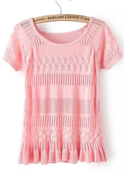 Romwe Short Sleeve Crochet Hollow Pink Sweater