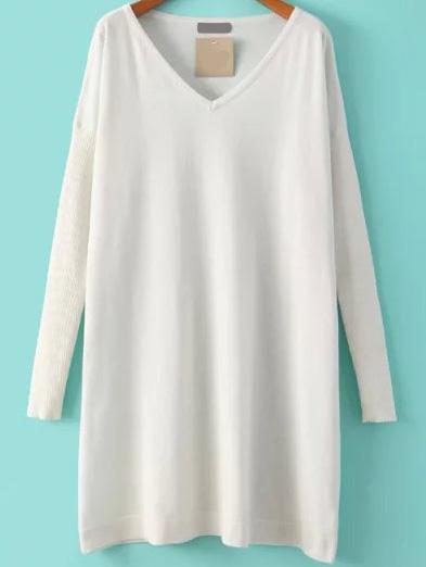 Romwe V Neck Knit White Dress