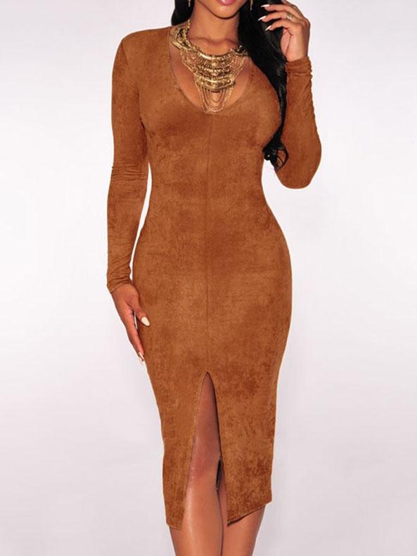 Romwe Deep Plunge Neck Split Front Bodycon Khaki Dress