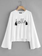 Romwe Tasseled Braided Applique Bell Sleeve Raw Cut Pullover