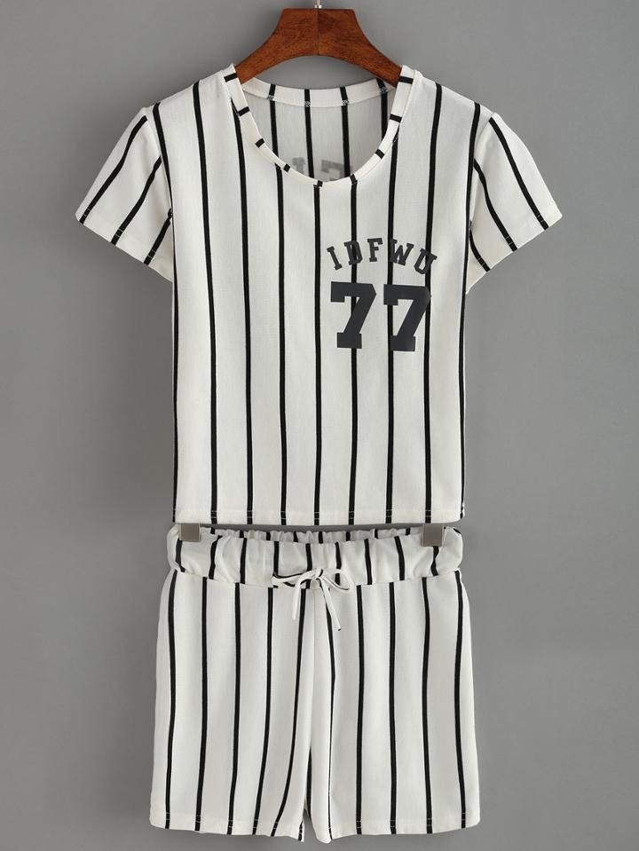 Romwe Vertical Striped Number Print Top With Draw Cord Waist Shorts