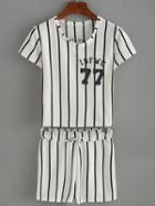 Romwe Vertical Striped Number Print Top With Draw Cord Waist Shorts