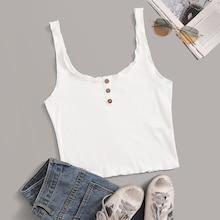 Romwe Button Front Rib-knit Lettuce Trim Tank Top