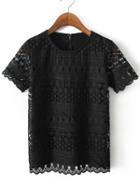 Romwe Black Short Sleeve Crochet Lace Splicing Blouse