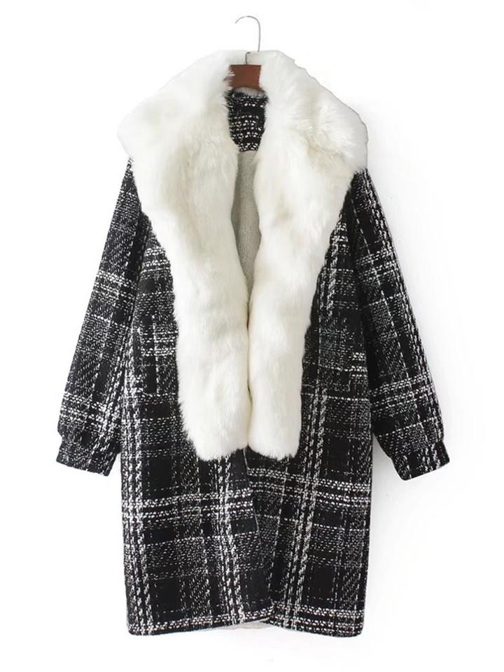 Romwe Faux Fur Collar Plaid Coat