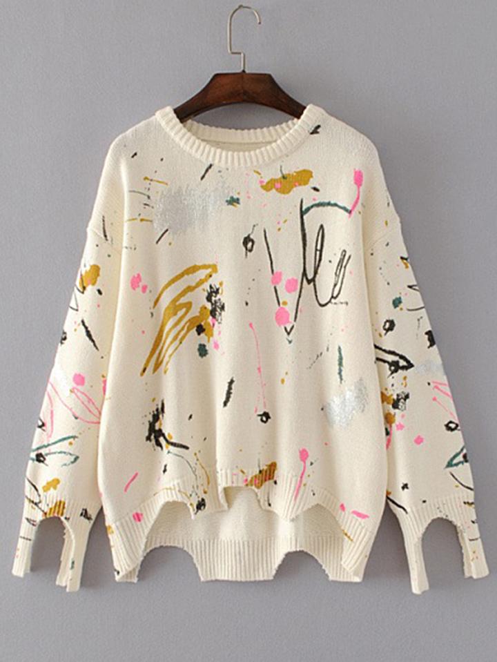 Romwe Graffiti Print Cut Out Hem High Low Sweater