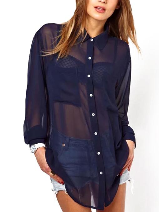 Romwe Lapel Pockets Buttons Chiffon Blouse