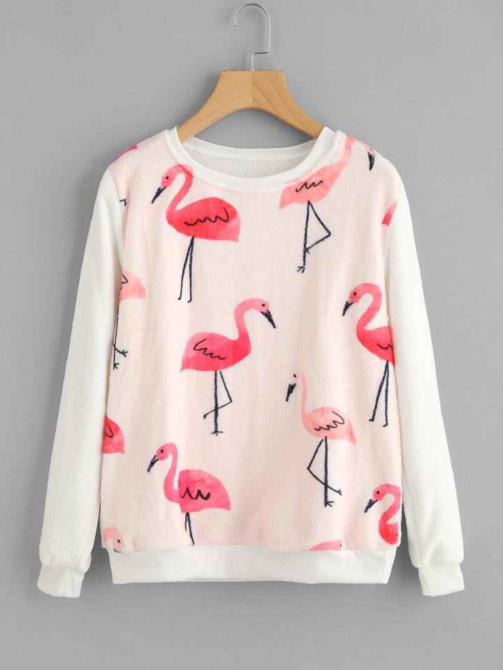 Romwe Flamingo Print Fuzzy Sweatshirt